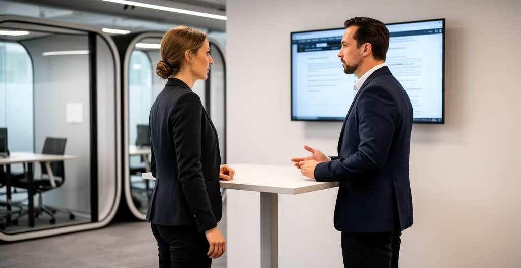 Two professionals standing at meeting table reviewing shared screen