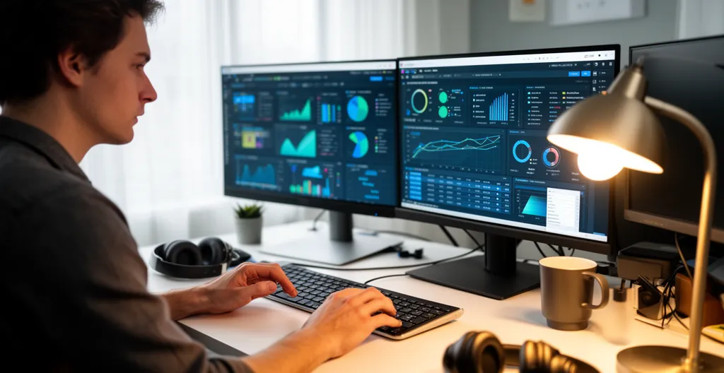 Professional typing at desk with analytics dashboard visible on monitor