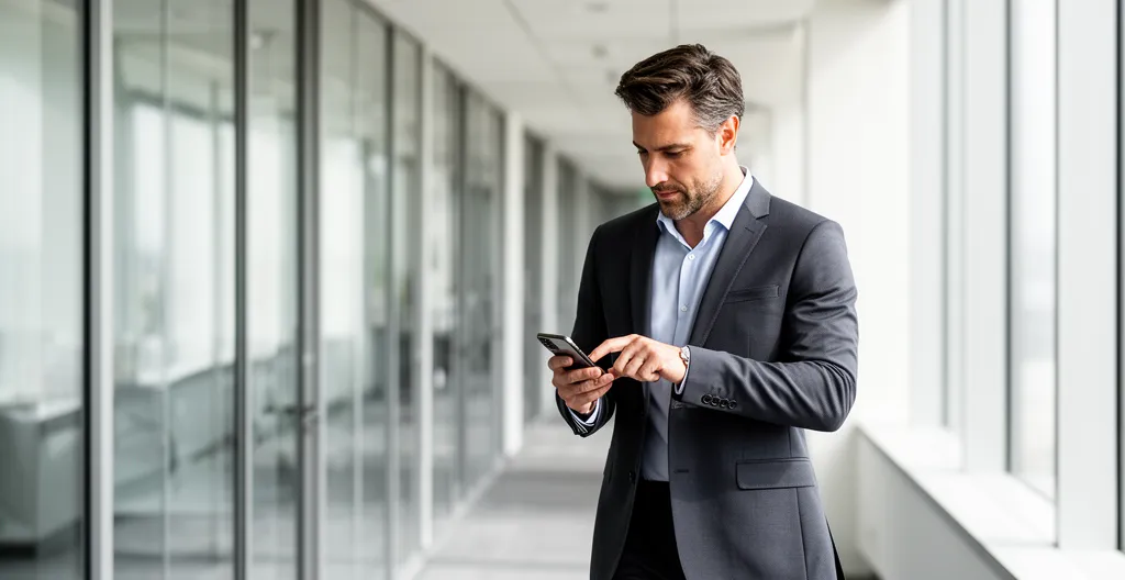 Sales professional checking smartphone while walking through office corridor