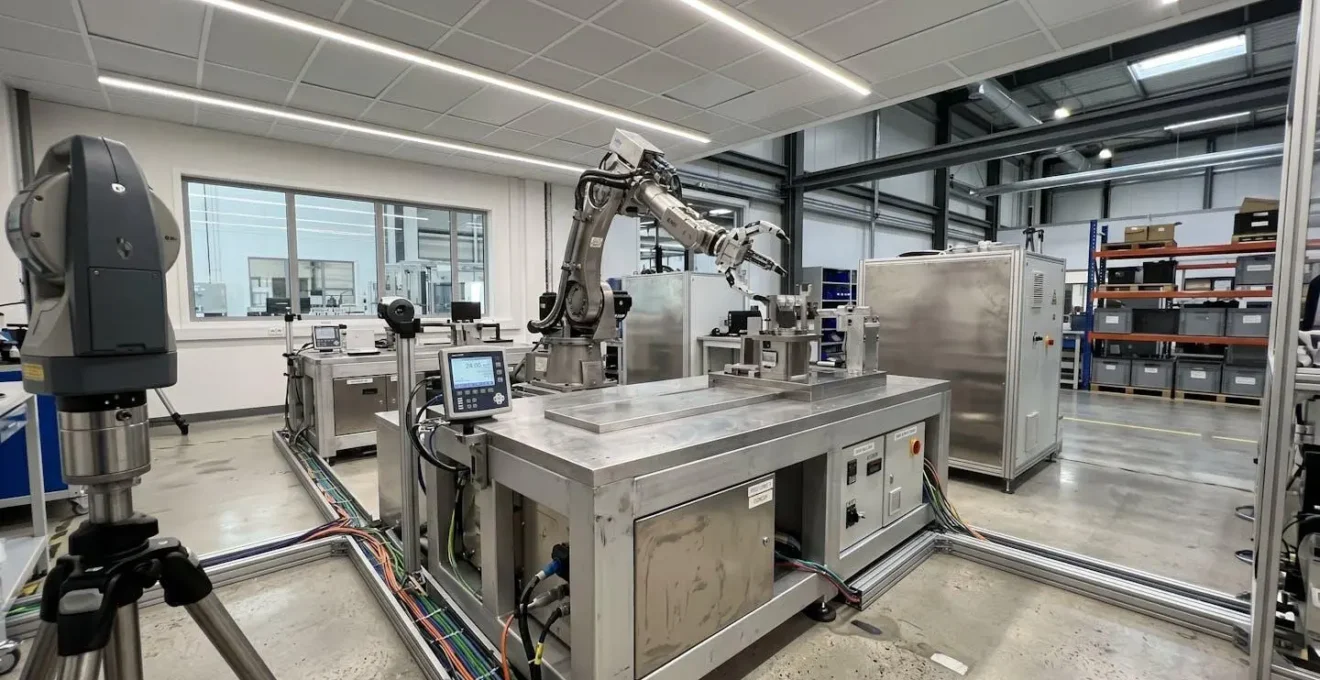 Wide view of an industrial test bay with an atmospheric robot arm mounted on test bench and precision measurement equipment under LED lighting
