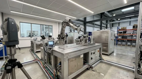 Wide view of an industrial test bay with an atmospheric robot arm mounted on test bench and precision measurement equipment under LED lighting