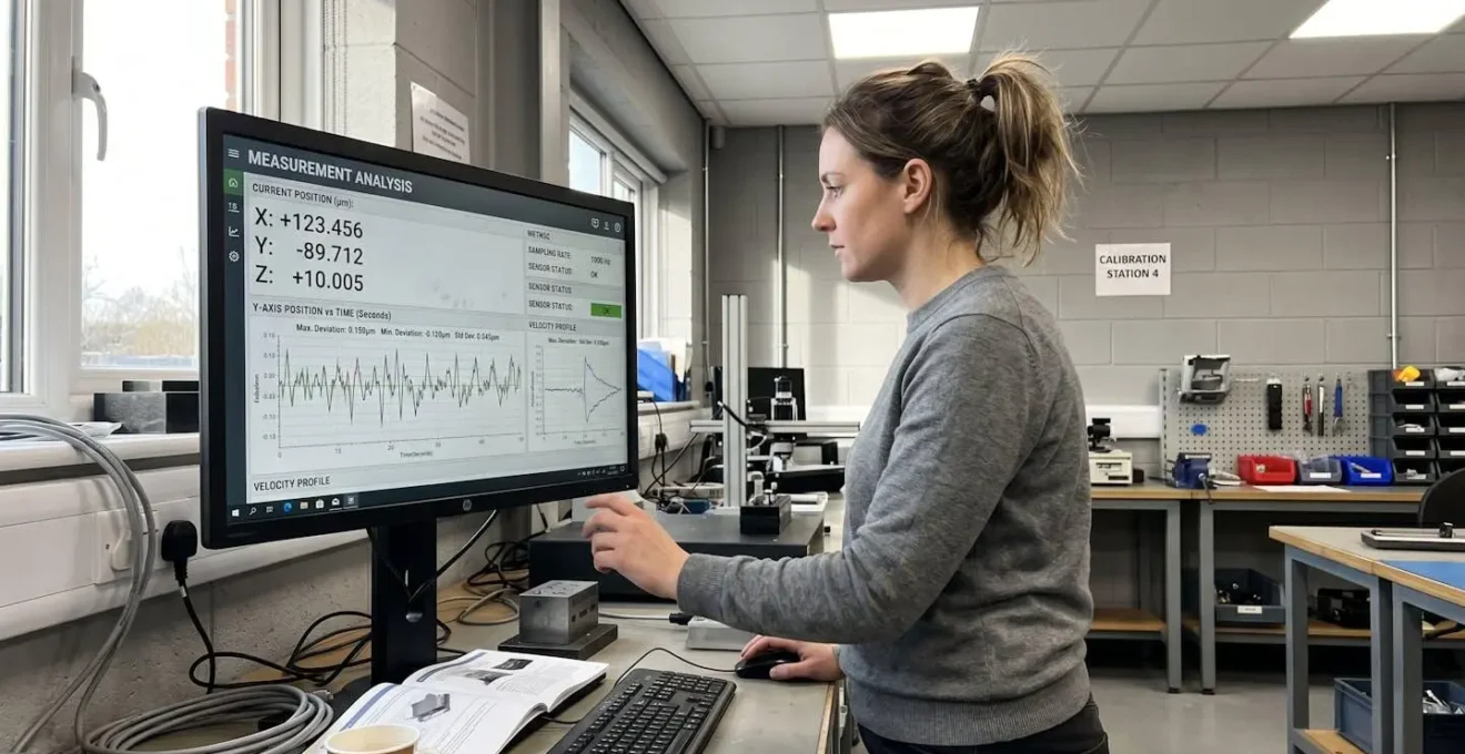 Engineer in profile examining digital measurement display showing precision positioning data with micron-scale resolution graphs